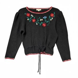 Black and Red Vintage 60s Floral Embroidered Knit Tunic with Tie Waist